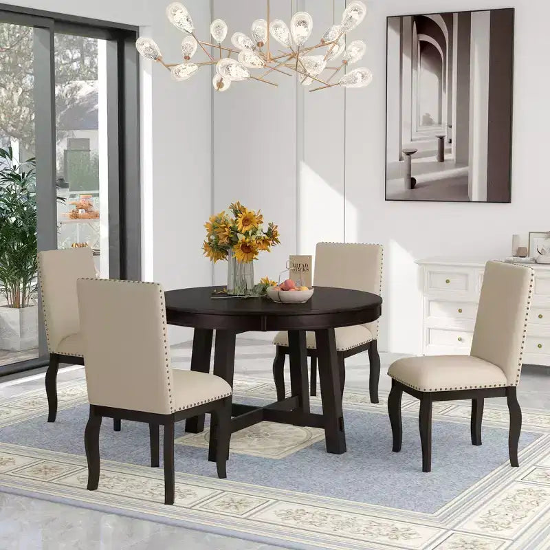 5 Piece Farmhouse Dining Table Set, Wood Round Extendable Dining Table and 4 Upholstered Chairs