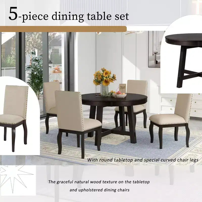 5 Piece Farmhouse Dining Table Set, Wood Round Extendable Dining Table and 4 Upholstered Chairs