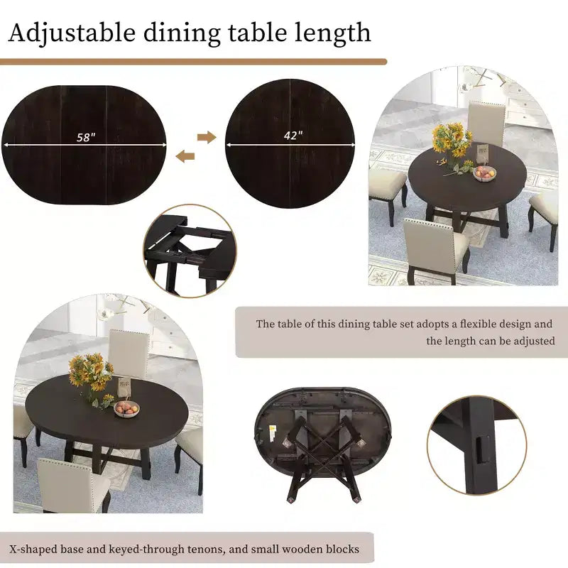 5 Piece Farmhouse Dining Table Set, Wood Round Extendable Dining Table and 4 Upholstered Chairs