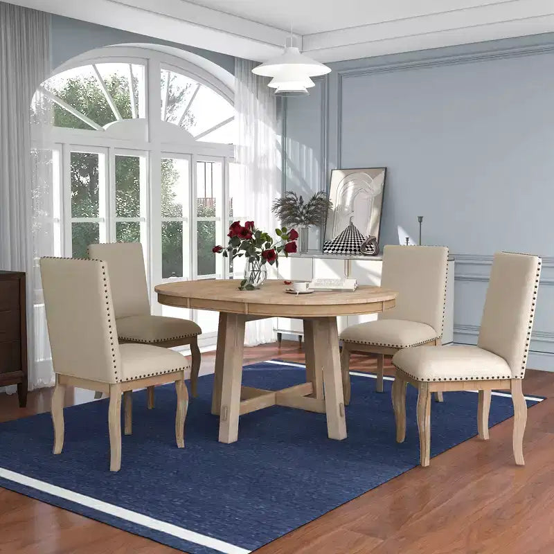 5 Piece Farmhouse Dining Table Set, Wood Round Extendable Dining Table and 4 Upholstered Chairs