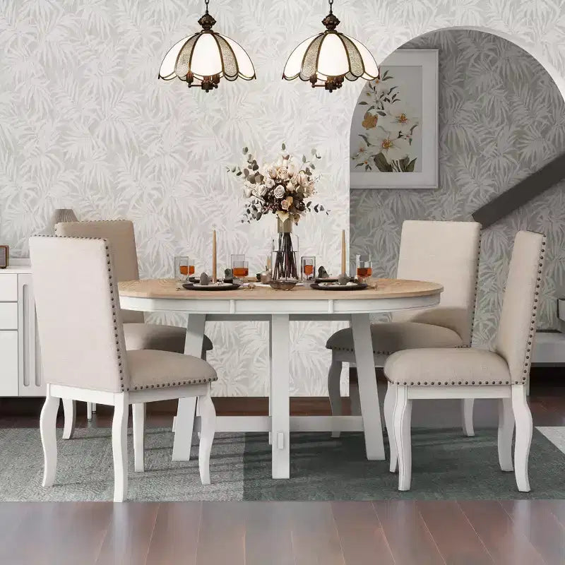 5 Piece Farmhouse Dining Table Set, Wood Round Extendable Dining Table and 4 Upholstered Chairs