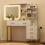 GustoWave Vanity Desk with Mirror, Makeup Vanity Desk Charging Station,LED Light with 3 Lighting Modes, 5 Large Drawers and 3 Tiers of Open Shelves