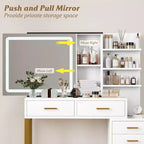 GustoWave Vanity Desk with Mirror, Makeup Vanity Desk Charging Station,LED Light with 3 Lighting Modes, 5 Large Drawers and 3 Tiers of Open Shelves
