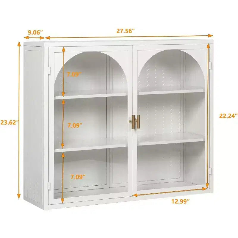 27.56 Double Glass Door Wall Cabinet, Kitchen Display Cabinet, Modern Minimalist Style, Three-Tier Storage, Iron & Tempered Glass, Easy Assembly