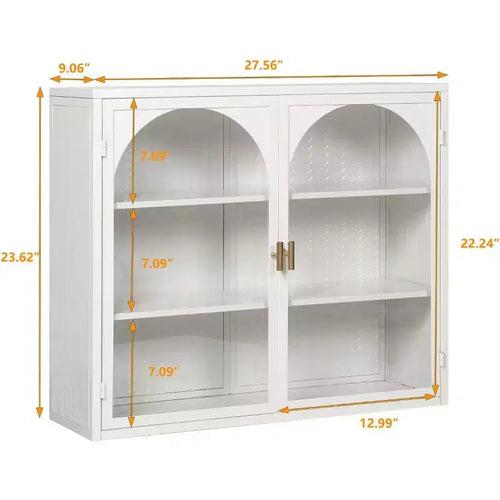 27.56 Double Glass Door Wall Cabinet, Kitchen Display Cabinet, Modern Minimalist Style, Three-Tier Storage, Iron & Tempered Glass, Easy Assembly