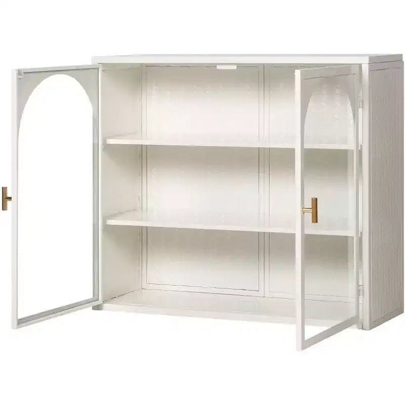 27.56 Double Glass Door Wall Cabinet, Kitchen Display Cabinet, Modern Minimalist Style, Three-Tier Storage, Iron & Tempered Glass, Easy Assembly