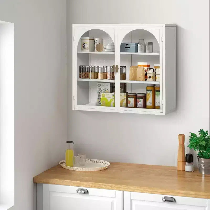 27.56 Double Glass Door Wall Cabinet, Kitchen Display Cabinet, Modern Minimalist Style, Three-Tier Storage, Iron & Tempered Glass, Easy Assembly
