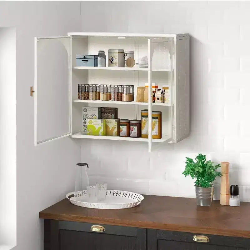 27.56 Double Glass Door Wall Cabinet, Kitchen Display Cabinet, Modern Minimalist Style, Three-Tier Storage, Iron & Tempered Glass, Easy Assembly