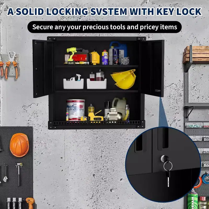 Garage Storage Wall Cabinet with Lock, Heavy-Duty Steel Wall-Mounted Cabinet with Adjustable Shelves, Floating Tool Organizer