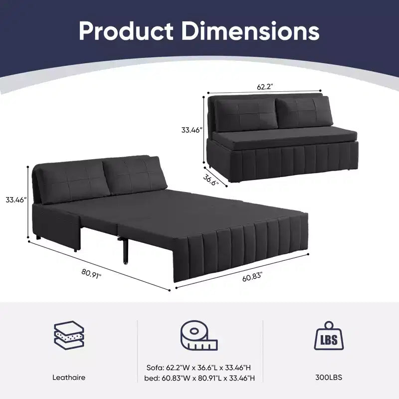 Mjkone W62inch Pull Out Sofa Bed, 3-in-1 Modern Pull Out Leathaire Fabric Sleeper Sofa Couch,Chaise Lounge