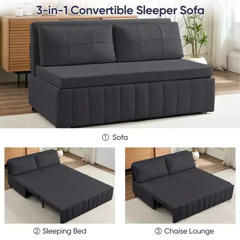 Mjkone W62inch Pull Out Sofa Bed, 3-in-1 Modern Pull Out Leathaire Fabric Sleeper Sofa Couch,Chaise Lounge