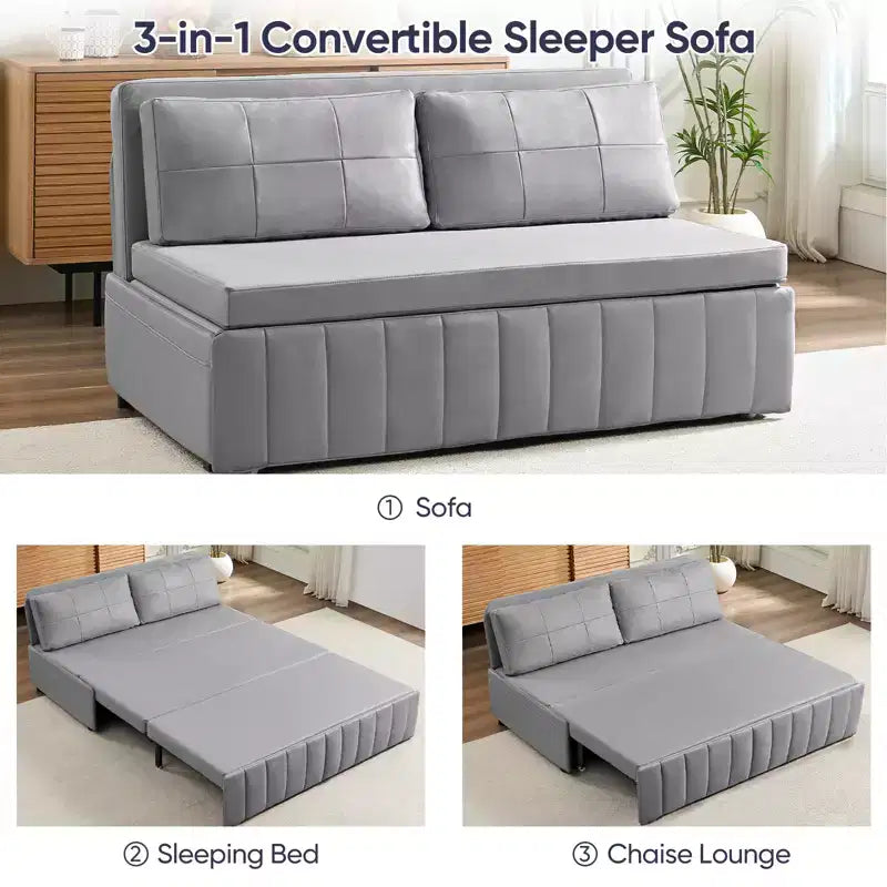 Mjkone W62inch Pull Out Sofa Bed, 3-in-1 Modern Pull Out Leathaire Fabric Sleeper Sofa Couch,Chaise Lounge