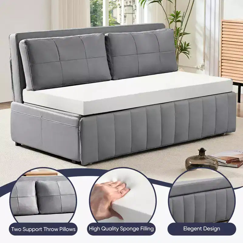 Mjkone W62inch Pull Out Sofa Bed, 3-in-1 Modern Pull Out Leathaire Fabric Sleeper Sofa Couch,Chaise Lounge