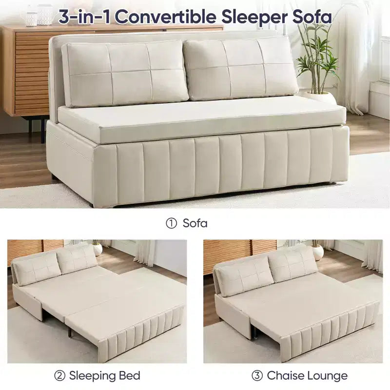 Mjkone W62inch Pull Out Sofa Bed, 3-in-1 Modern Pull Out Leathaire Fabric Sleeper Sofa Couch,Chaise Lounge