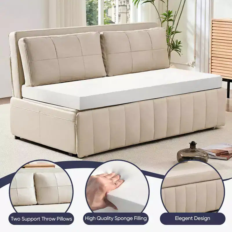 Mjkone W62inch Pull Out Sofa Bed, 3-in-1 Modern Pull Out Leathaire Fabric Sleeper Sofa Couch,Chaise Lounge