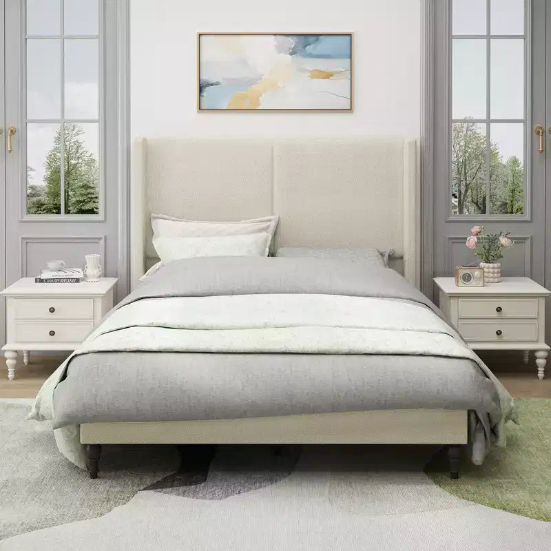 GDFStudio Winfred Boucle Upholstered Wood Bed with 55 Wingback Headboard