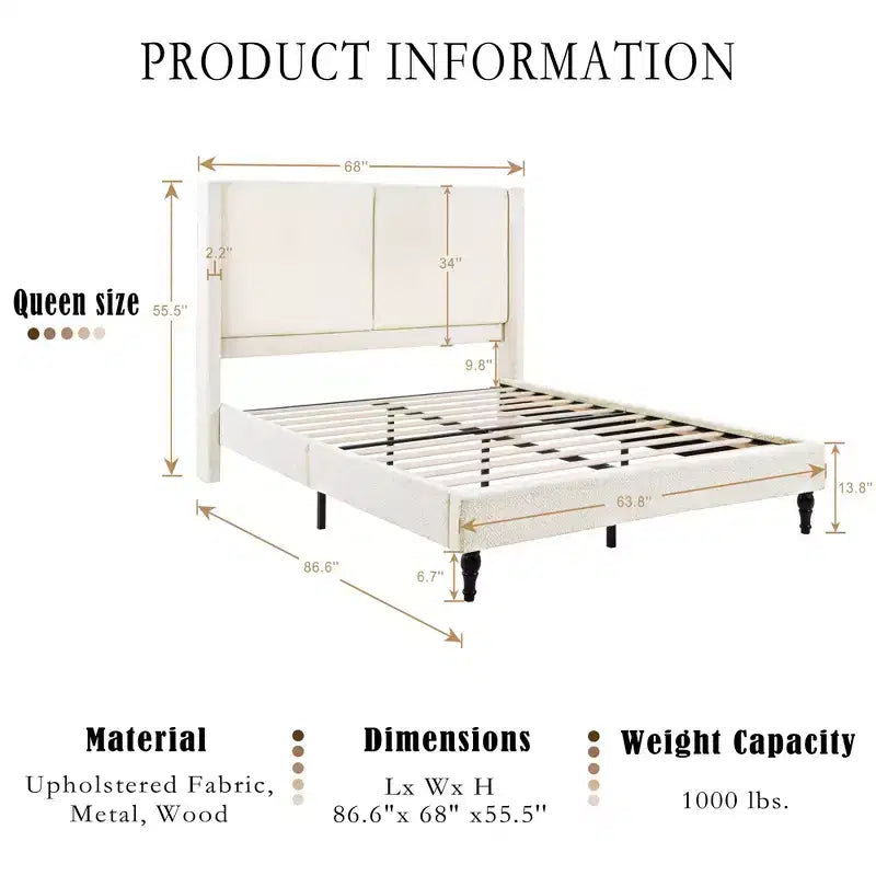 GDFStudio Winfred Boucle Upholstered Wood Bed with 55 Wingback Headboard