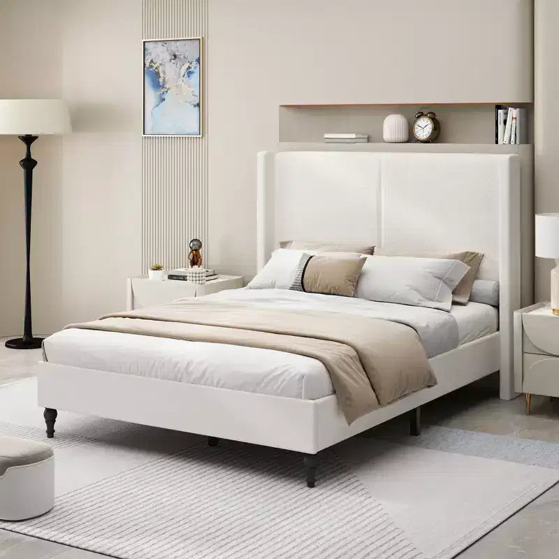 GDFStudio Winfred Boucle Upholstered Wood Bed with 55 Wingback Headboard