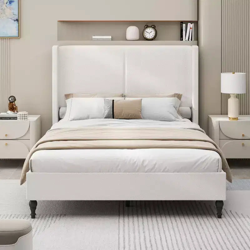 GDFStudio Winfred Boucle Upholstered Wood Bed with 55 Wingback Headboard