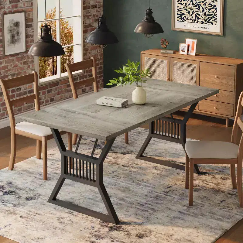 TROPOW 70.8 Inch Dining Table 4-6 Person, Kitchen Table with Heavy Duty Metal Legs, Farmhouse Wooden Dining Room Table, Living Room.Gray+ Black