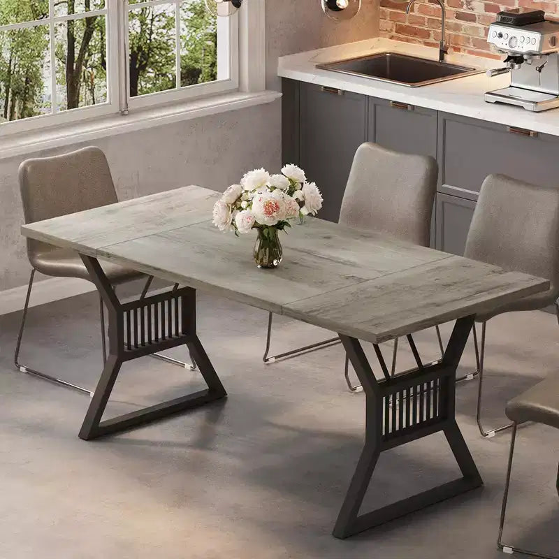 TROPOW 70.8 Inch Dining Table 4-6 Person, Kitchen Table with Heavy Duty Metal Legs, Farmhouse Wooden Dining Room Table, Living Room.Gray+ Black