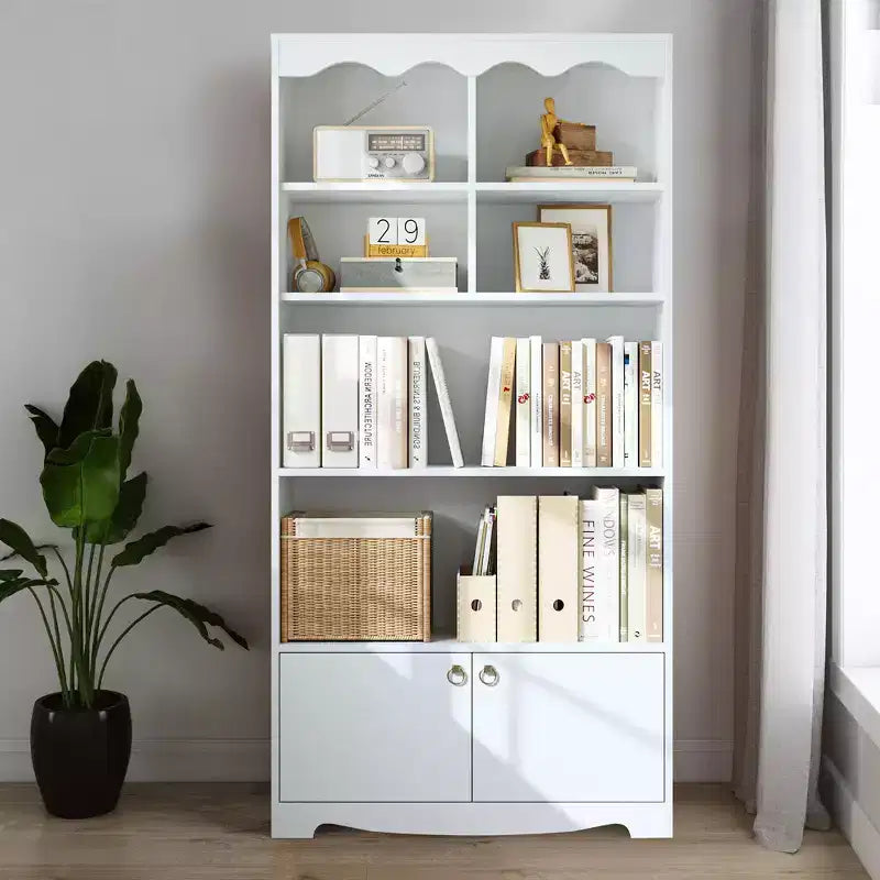 5 Tier Bookcase with Cabinet, 63 Tall Freestanding Bookshelf, Modern Free Standing Wood Bookcase, Open Display Storage Book Shelf, White