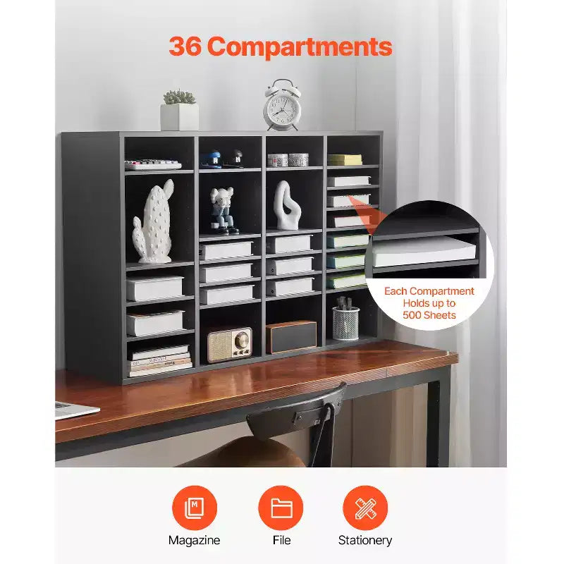 VEVOR Literature Organizer, 36 Compartments Office Mailbox with Adjustable Shelves, Wooden Mailbox Sorter Medium Density Fiberboard, Grey