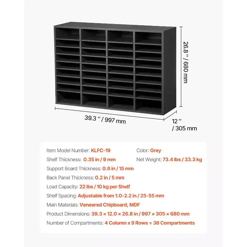 VEVOR Literature Organizer, 36 Compartments Office Mailbox with Adjustable Shelves, Wooden Mailbox Sorter Medium Density Fiberboard, Grey