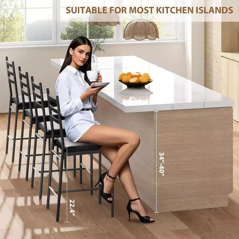 Modern Bar Stools with Backrest, Counter Height Bar Chairs with Footrest, Upholstered Metal Barstools for Kitchen Island, Dining Room