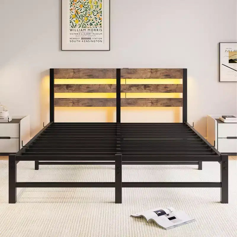MAYEERTY Queen Bed Frame Metal Wooden Headboard Charger Shelf Quiet No Box Spring Rustic Brown