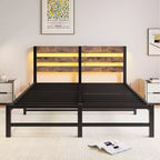 MAYEERTY Queen Bed Frame Metal Wooden Headboard Charger Shelf Quiet No Box Spring Rustic Brown