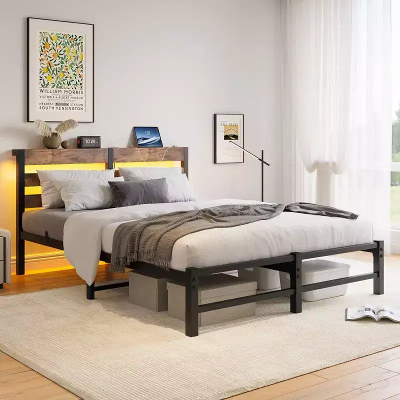 MAYEERTY Queen Bed Frame Metal Wooden Headboard Charger Shelf Quiet No Box Spring Rustic Brown
