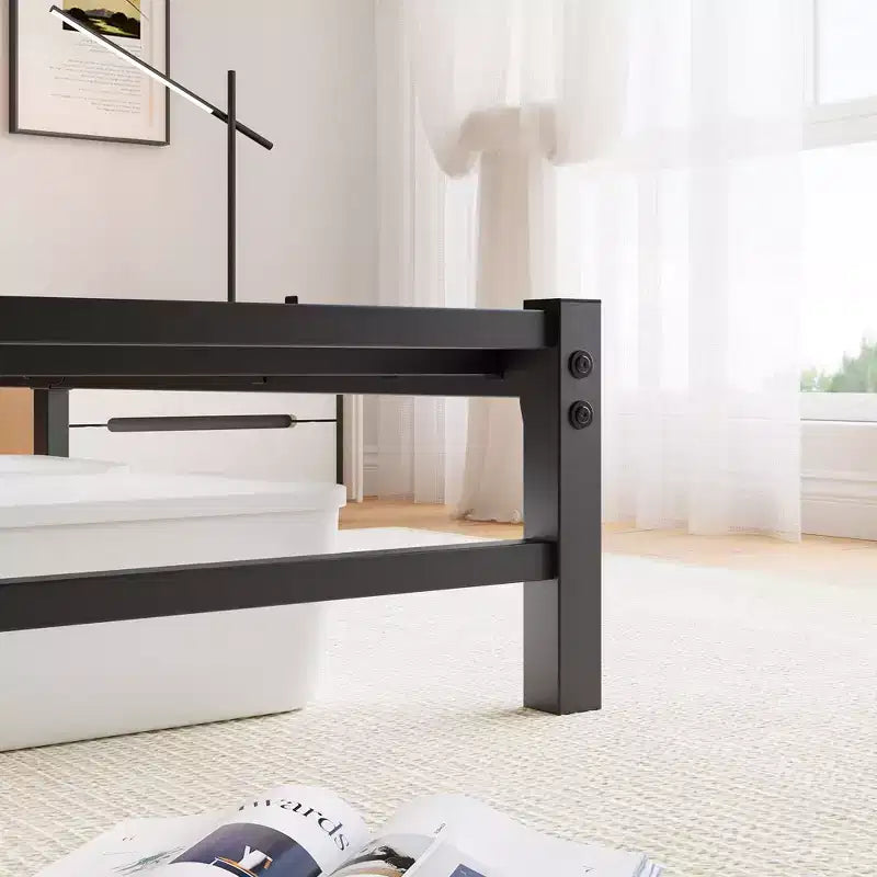 MAYEERTY Queen Bed Frame Metal Wooden Headboard Charger Shelf Quiet No Box Spring Rustic Brown