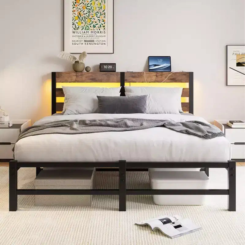 MAYEERTY Queen Bed Frame Metal Wooden Headboard Charger Shelf Quiet No Box Spring Rustic Brown