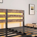 MAYEERTY Queen Bed Frame Metal Wooden Headboard Charger Shelf Quiet No Box Spring Rustic Brown