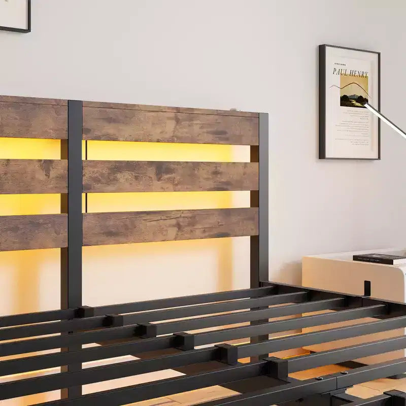 MAYEERTY Queen Bed Frame Metal Wooden Headboard Charger Shelf Quiet No Box Spring Rustic Brown