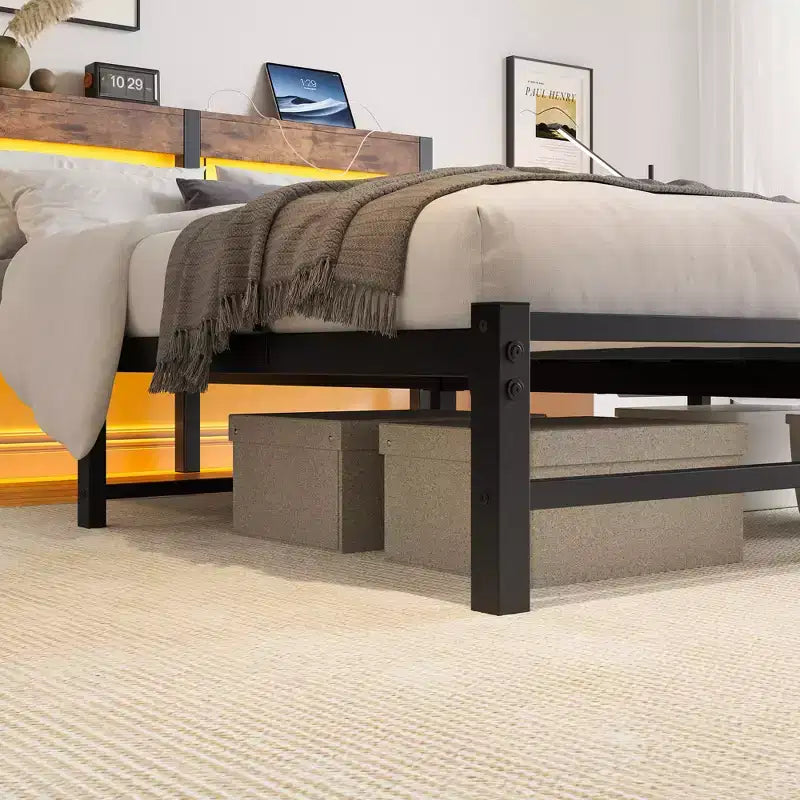 MAYEERTY Queen Bed Frame Metal Wooden Headboard Charger Shelf Quiet No Box Spring Rustic Brown