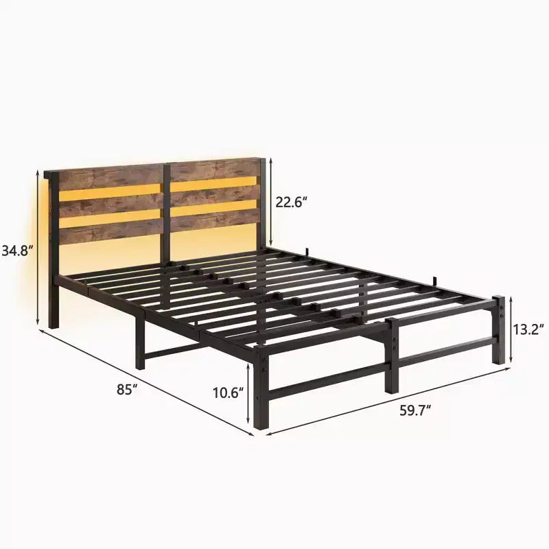 MAYEERTY Queen Bed Frame Metal Wooden Headboard Charger Shelf Quiet No Box Spring Rustic Brown