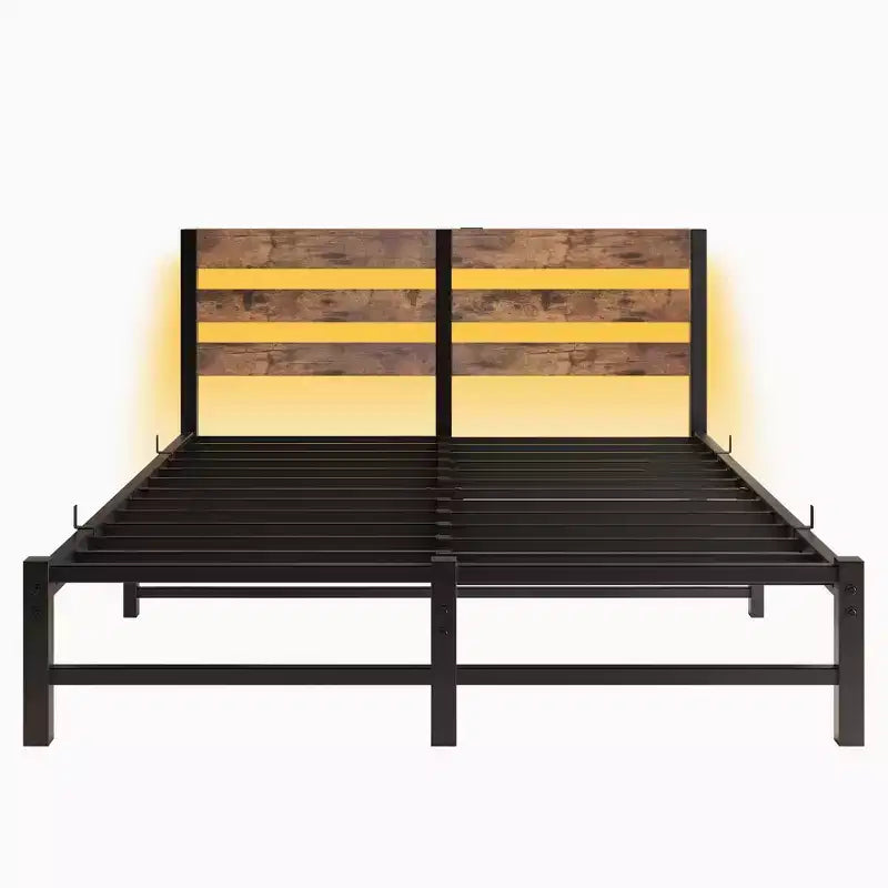 MAYEERTY Queen Bed Frame Metal Wooden Headboard Charger Shelf Quiet No Box Spring Rustic Brown