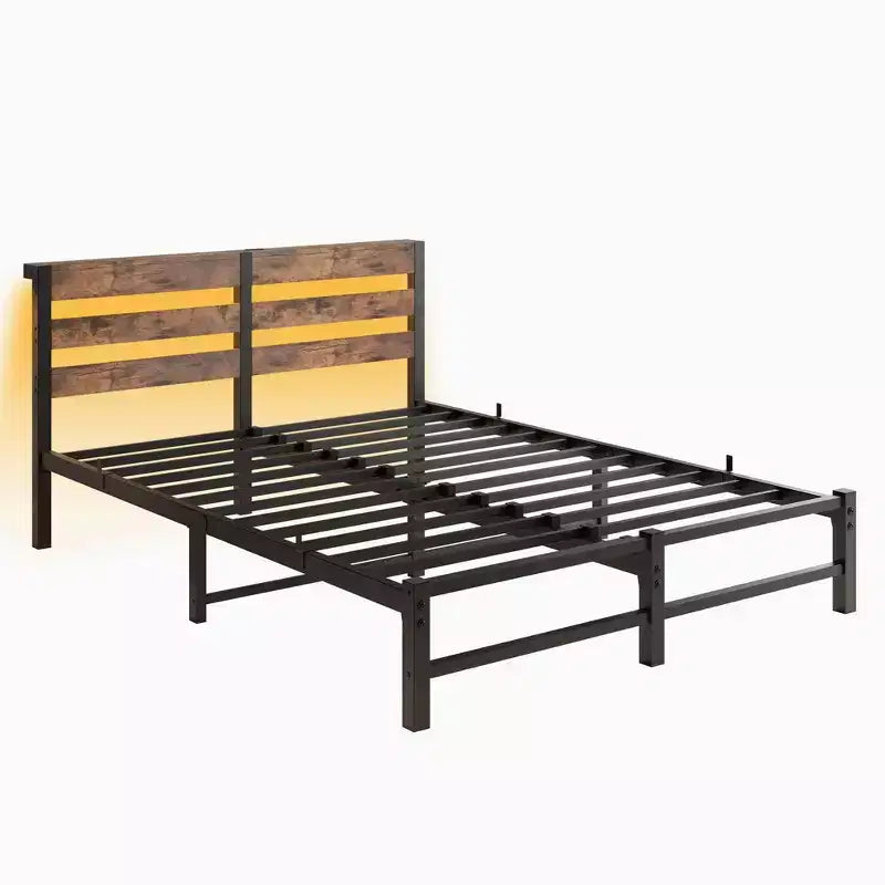 MAYEERTY Queen Bed Frame Metal Wooden Headboard Charger Shelf Quiet No Box Spring Rustic Brown