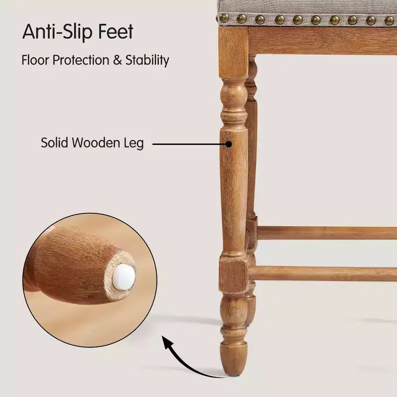 Subrtex 26.6Counter & Bar Solid Wood Backless Stool, Linen Upholstered with Nailhead Trim, Rustic Solid Wood Frame for Kitchen & Home Bar (Set of 2)