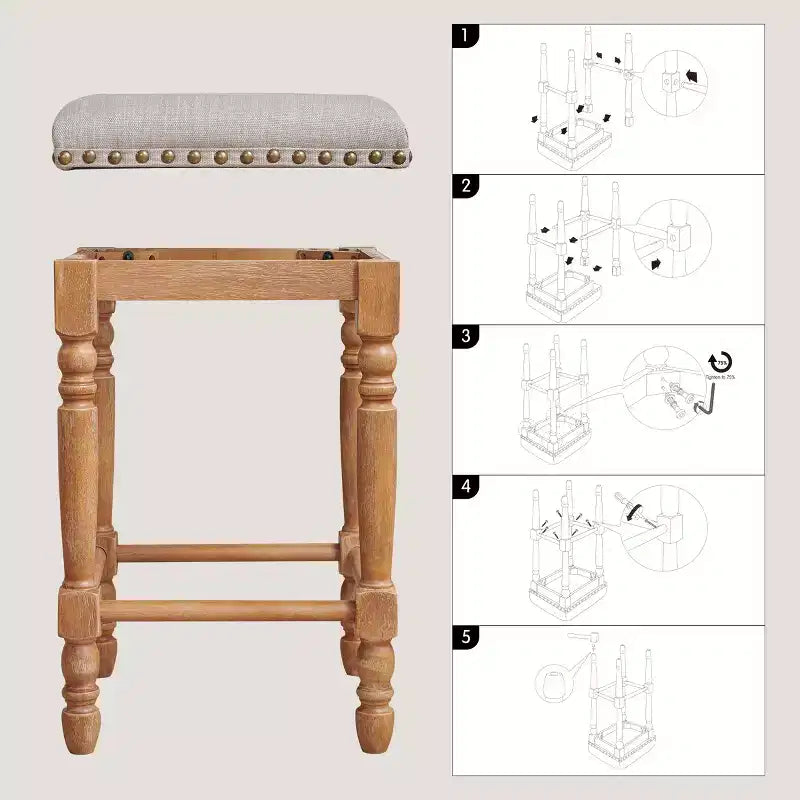 Subrtex 26.6Counter & Bar Solid Wood Backless Stool, Linen Upholstered with Nailhead Trim, Rustic Solid Wood Frame for Kitchen & Home Bar (Set of 2)