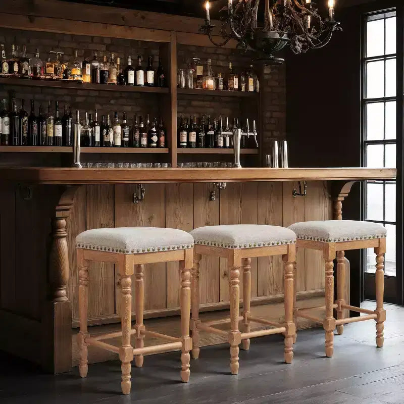 Subrtex 26.6Counter & Bar Solid Wood Backless Stool, Linen Upholstered with Nailhead Trim, Rustic Solid Wood Frame for Kitchen & Home Bar (Set of 2)