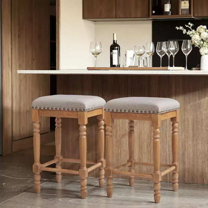 Subrtex 26.6Counter & Bar Solid Wood Backless Stool, Linen Upholstered with Nailhead Trim, Rustic Solid Wood Frame for Kitchen & Home Bar (Set of 2)