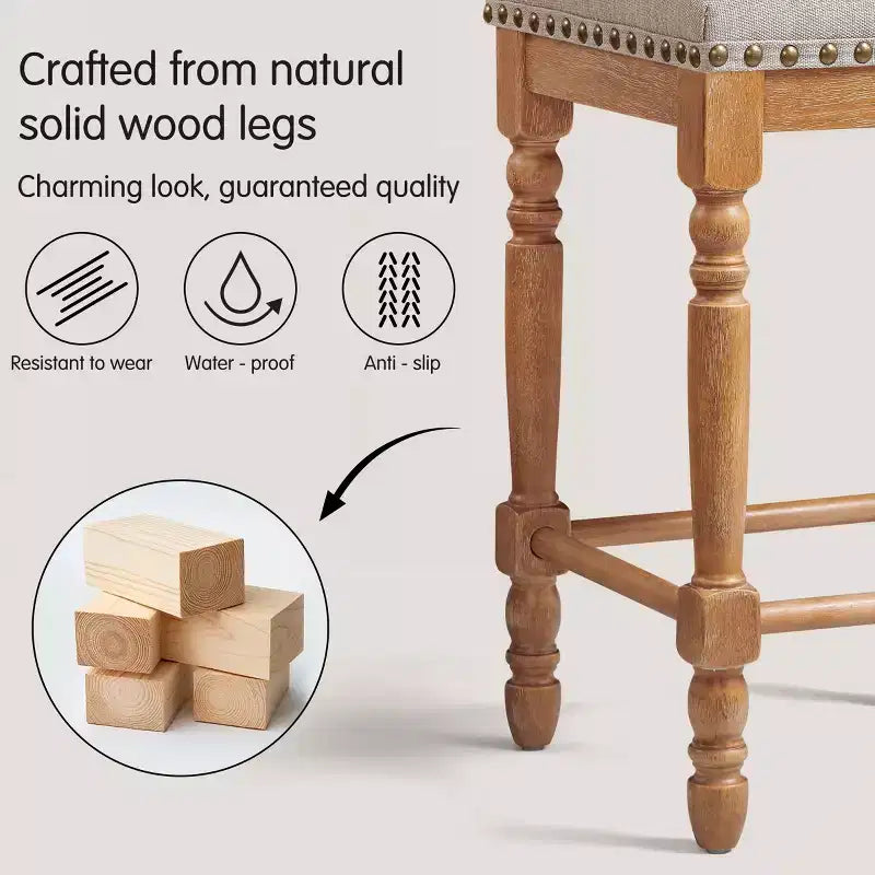 Subrtex 26.6Counter & Bar Solid Wood Backless Stool, Linen Upholstered with Nailhead Trim, Rustic Solid Wood Frame for Kitchen & Home Bar (Set of 2)