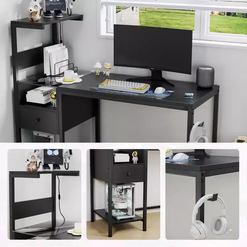 Okak Rustic Home Office Computer Desk with Storage Shelves & Drawer/Cabinet,Multifunctional Study Writing Desk with for Study,Office,Studio