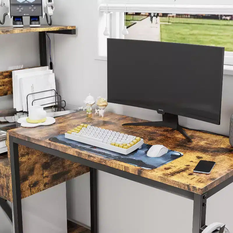 Okak Rustic Home Office Computer Desk with Storage Shelves & Drawer/Cabinet,Multifunctional Study Writing Desk with for Study,Office,Studio