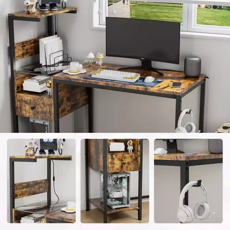 Okak Rustic Home Office Computer Desk with Storage Shelves & Drawer/Cabinet,Multifunctional Study Writing Desk with for Study,Office,Studio