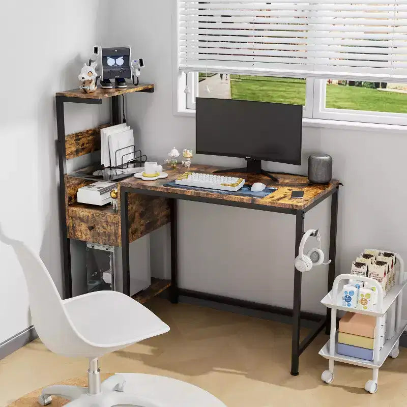 Okak Rustic Home Office Computer Desk with Storage Shelves & Drawer/Cabinet,Multifunctional Study Writing Desk with for Study,Office,Studio