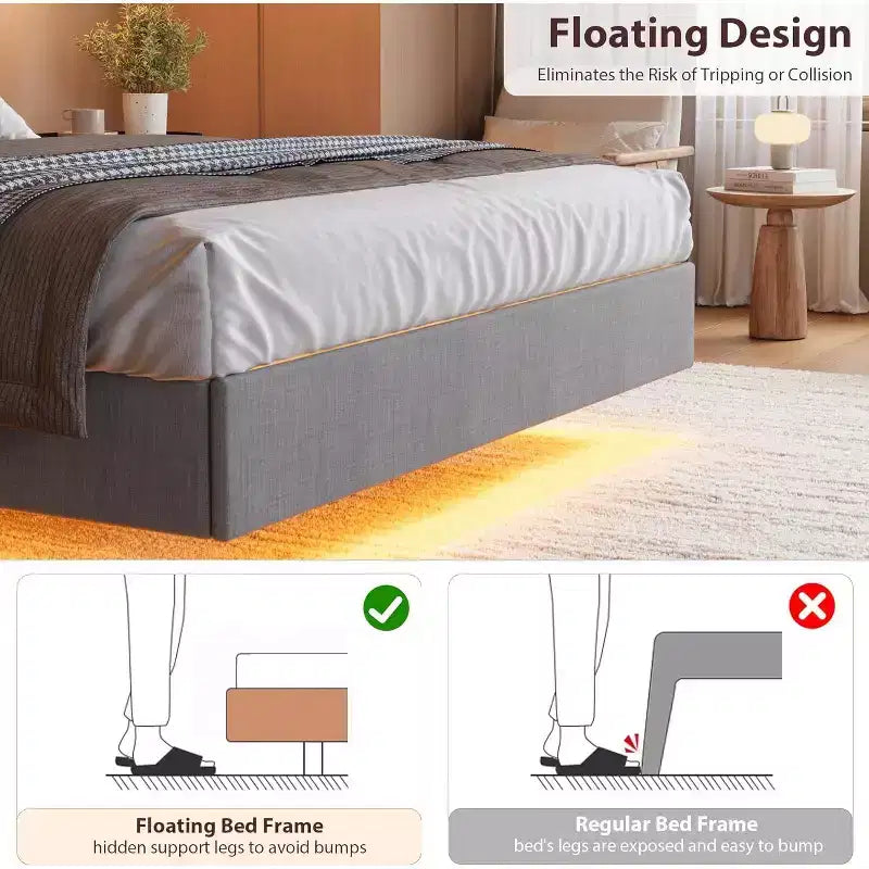 COZONY Safe Floating Bed Frame, LED Lights & Charging Station, Upholstered Headboard, Wood Slats